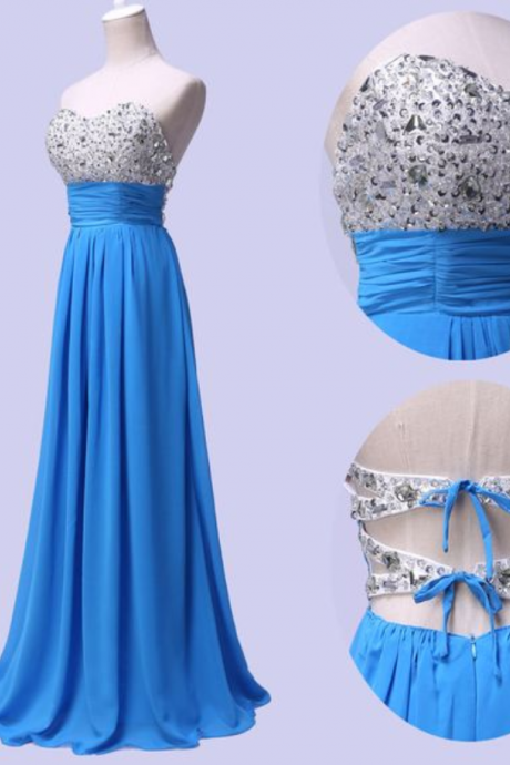 Lovely Blue Sequins And Beadings Chiffon A-line Party Dress, Charming Formal Dress