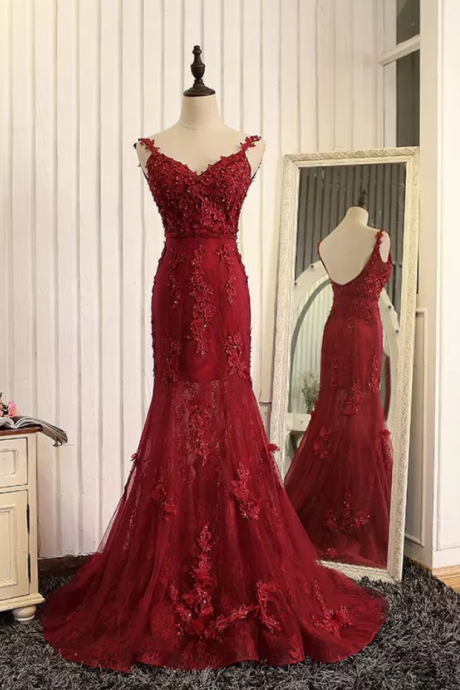 Sexy Elegant Prom Dresses, Wine Red Evening Dress,mermaid Evening Gowns,burgundy Prom Dress,lace Prom Dress,high Quality Graduation
