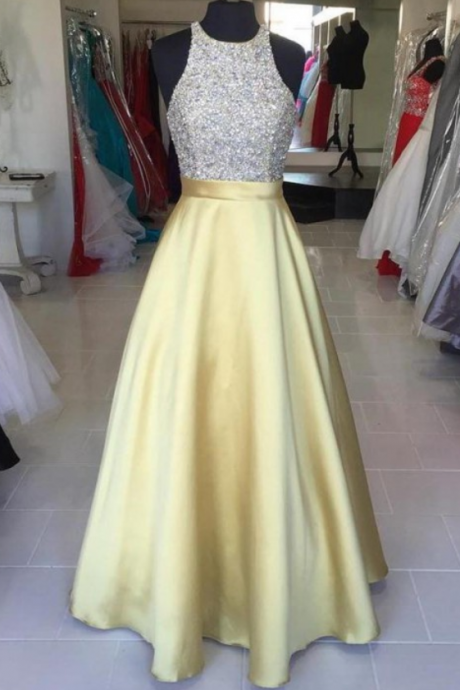 Round Prom Dresses, Yellow Long Prom Dresses, Yellow Satin Long Halter Beading Simple Prom Dresses