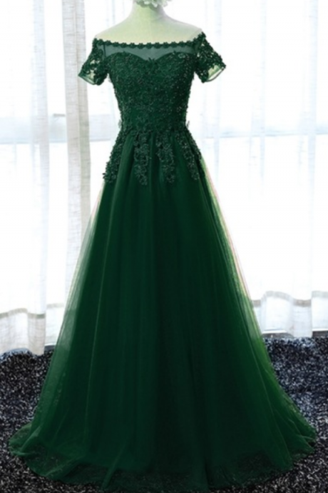 Charming Prom Dress, Elegant Short Sleeve Tulle Prom Dresses, Long Evening Dress