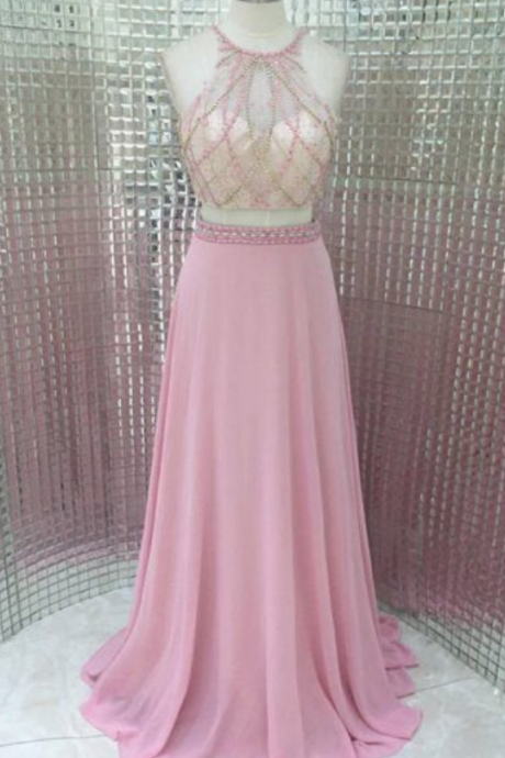 Sexy Sleeveless Prom Dress, Two Piece Beading Prom Dresses, Chiffon Long Party Dress