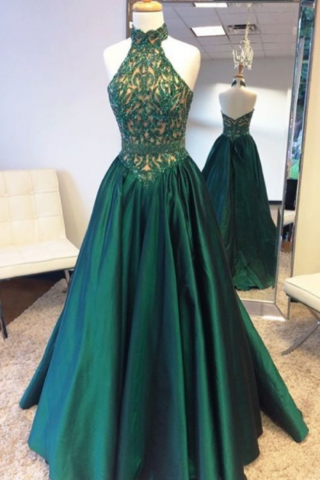 Prom Dress, Long Prom Dress, Beads Halter Prom Dress With High Neck