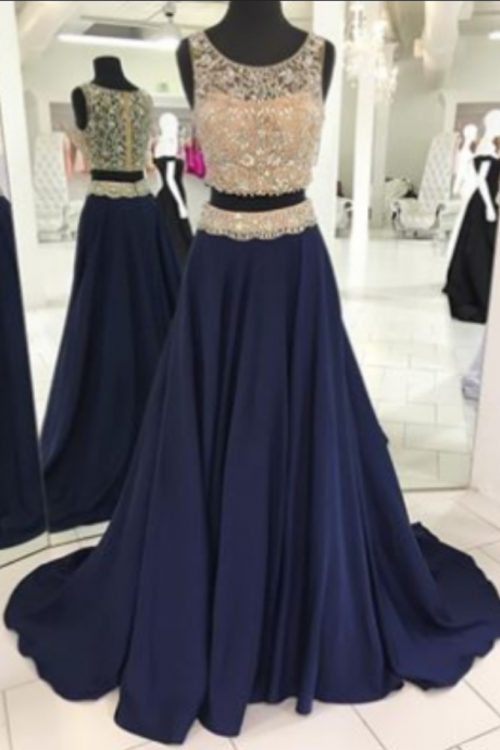 Two Piece Prom Dress, Luxurious Beads Prom Dress, Prom Dress, Navy Blue Prom Dress