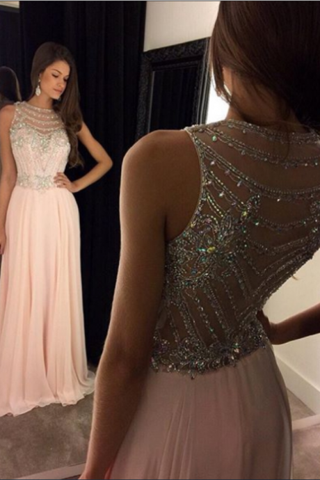 Sparkling Beaded Crystal A-line Floor Length Prom Dress ,pink Long Evening Dress