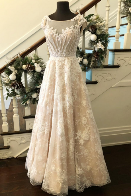 Elegant A-line Bateau Cap Sleeveless Lace Long Prom Dress With Beading