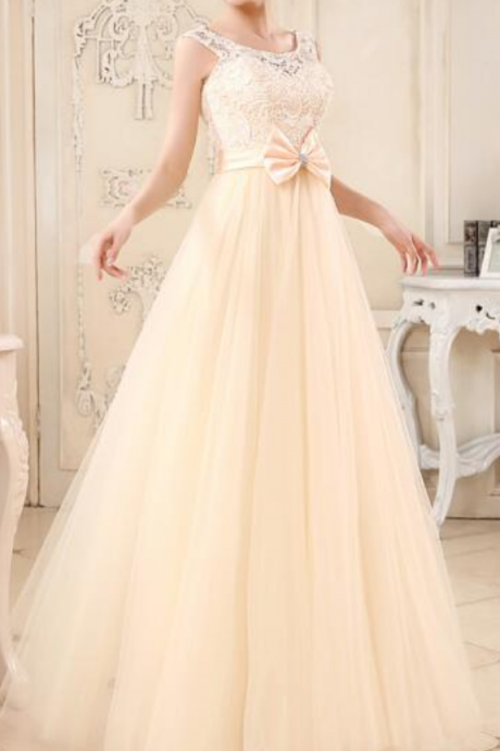 Lovely Champagne Tulle And Lace Long Handmade Prom Dresses , Cute Formal Dresses, Evening Dresses