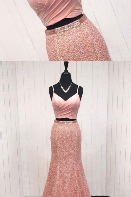 Pink Lace V Neck Spaghetti Straps Two Piece Long Mermaid Homecoming Dress, Prom Dress