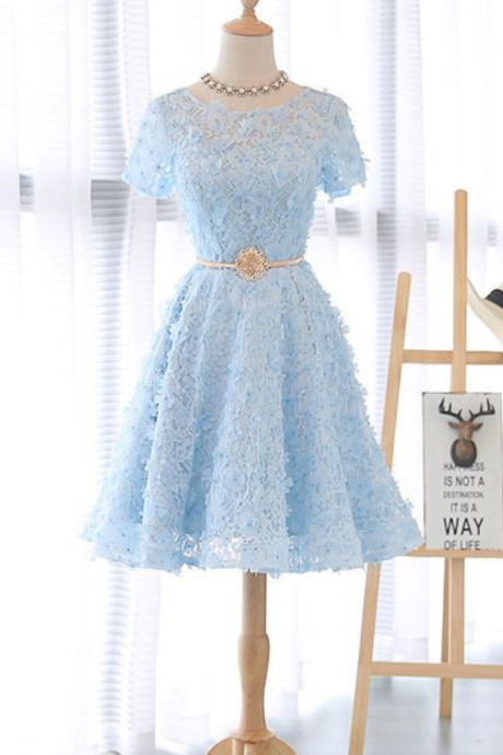 Light Blue Floral Lace Crew Neck Short Sleeves Short Ruffled Homecoming Dress