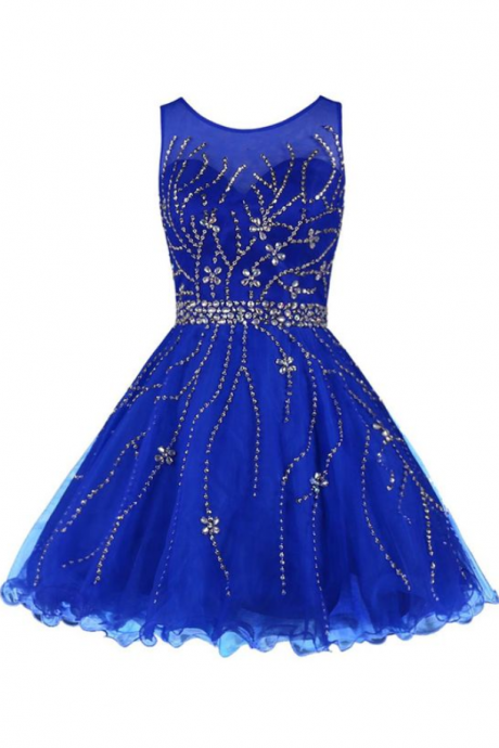 Scoop A-line Knee Length Tulle Royal Blue Homecoming Dress With Beading