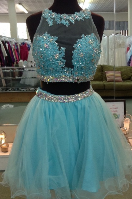 Turquoise Lace Appliques Homecoming Dress,organza Ruffles Short Prom Gowns ,two Piece Homecoming Dress
