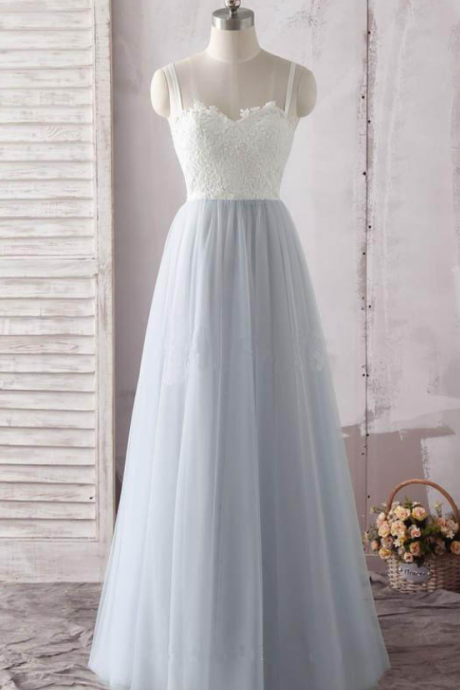 Floor Length Simple Straps Sweetheart Tulle Prom Dress With Ivory Lace, A Line Sleeveless Tulle Evening Gown
