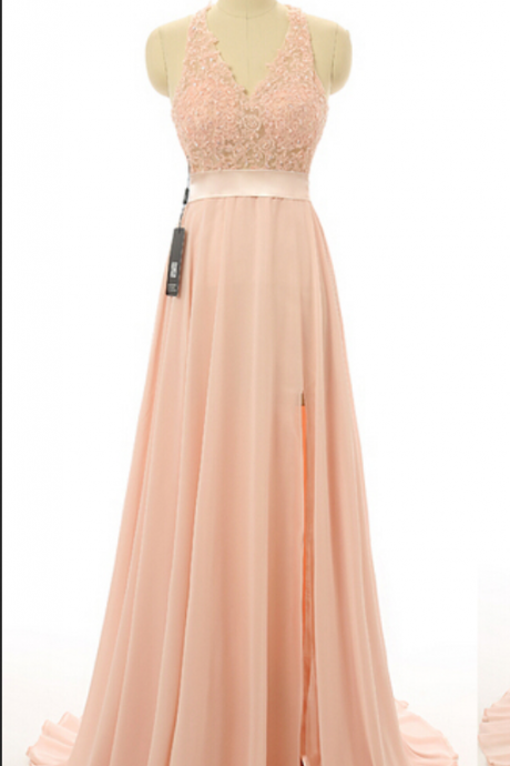 Lace Prom Dress, Chiffon Prom Dress, Peach Prom Dress, Open Back Prom Dress, Popular Prom Dress, Prom Dress, Formal Prom Dress