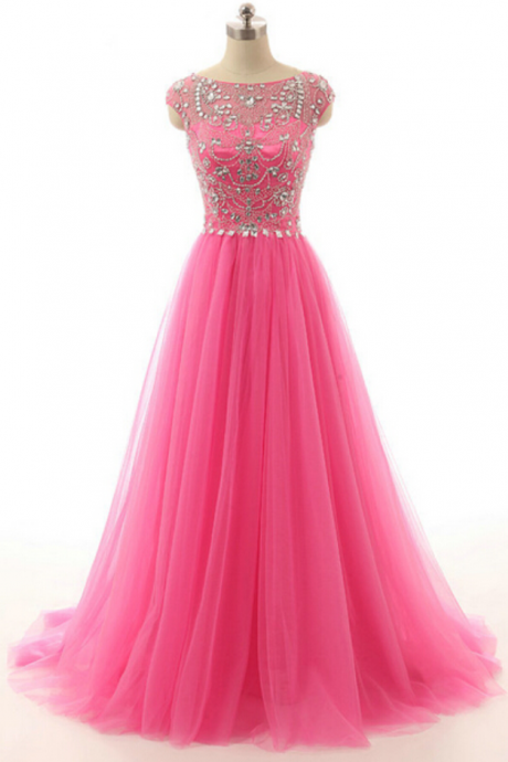 Cap Sleeve Prom Dress, Tulle Prom Dress, Modest Prom Dress, Pink Prom Dress, Formal Prom Dress, Inexpensive Prom Dress, Modest Prom Dress,