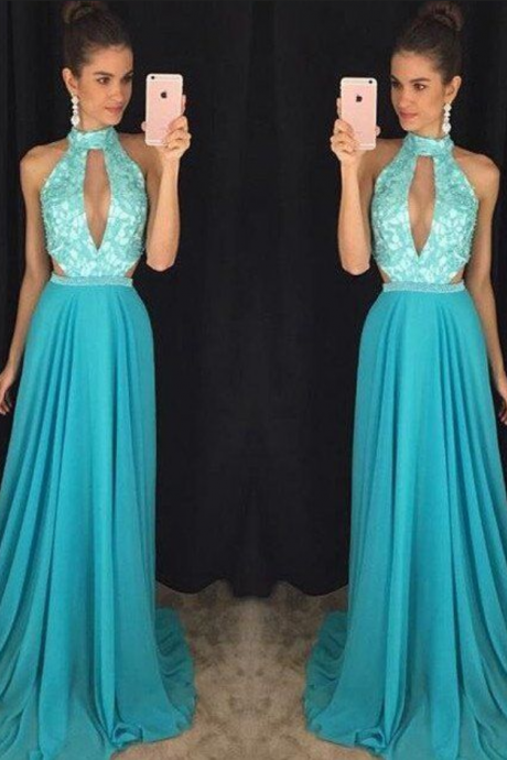 High Collar Long Chiffon Prom Dress With Keyhole Front
