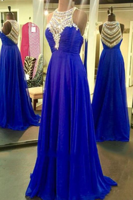 Royal Blue Chiffon A-line Sequins O-neck Shining Beading Rhinestone Long Prom Dresses,