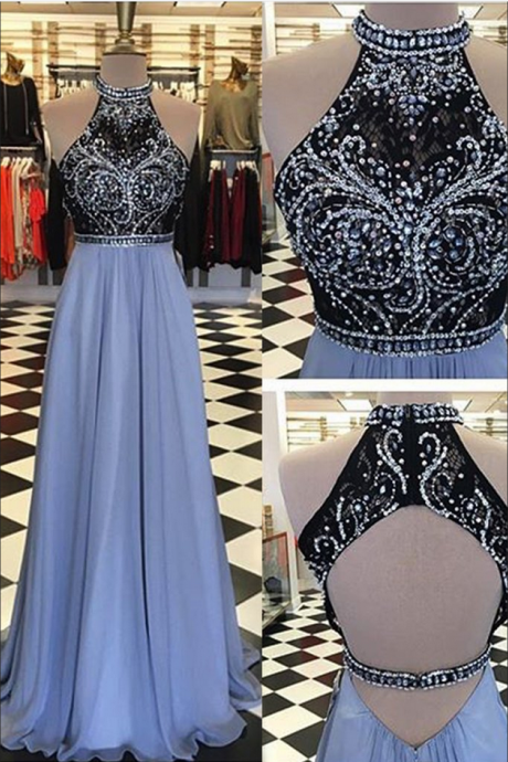 Charming Prom Dress, Black And Blue Prom Dress, Halter Prom Dress, Beads Top Sleeveless Open Back Evening Gown Formal Prom Dress