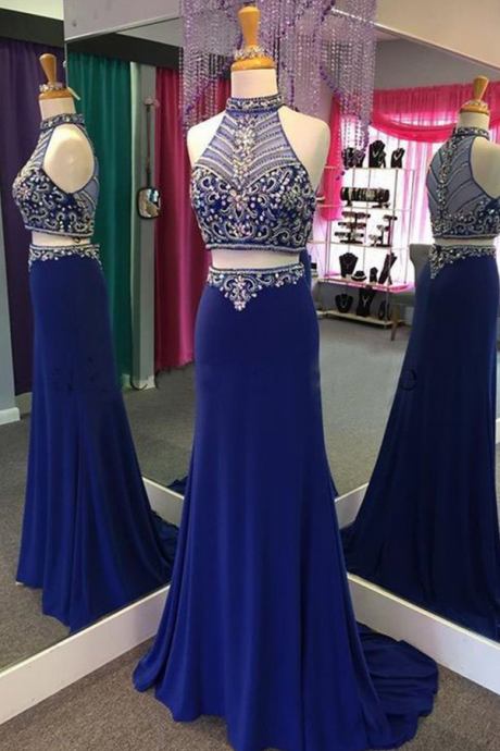 High Neck Heavy Beads Prom Dresses , Two Piece Prom Dresses, Royal Blue Gown For Party