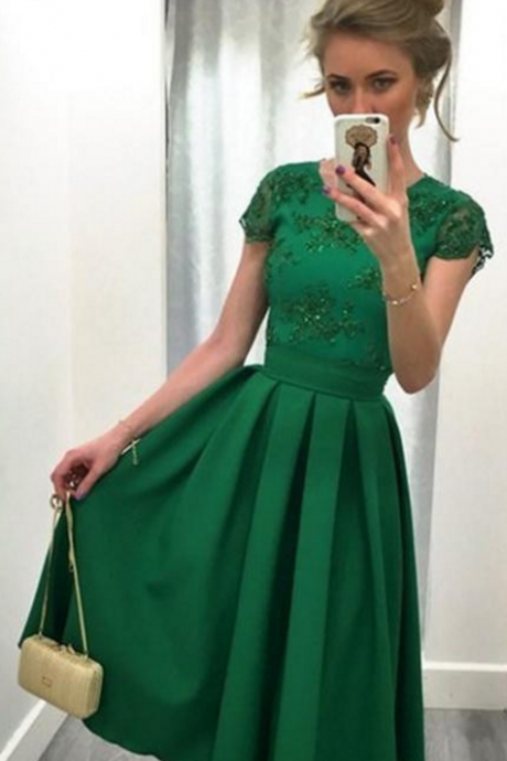 Green Knee-Length Prom Dress,A-line Short Prom Dresses,Short Sleeve Prom Dress Homecoming Dress