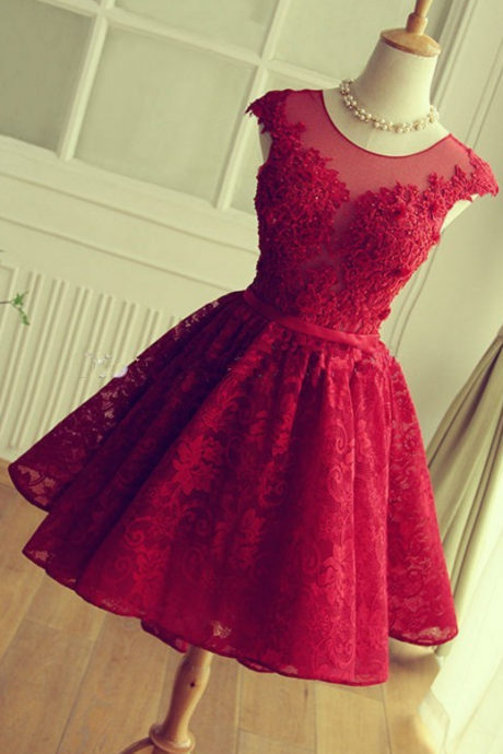 Short Prom Dress , Red Prom Dress , O Neck Prom Dress , Short Prom Dress , Beadings Lace Prom Dress , Formal Dress For Prom , Prom Gown