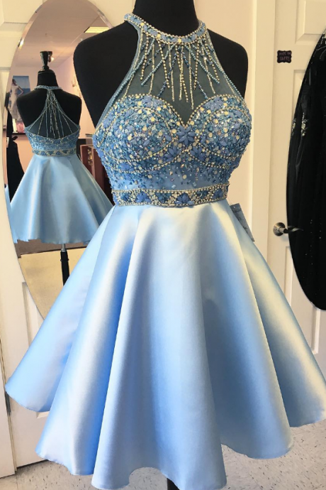 Short Prom Dress , Blue Halter Sleeveless Prom Dress , Beadings Prom Dress , Sexy Prom Dress , Aline Prom Dress , Formal Dress For Prom , Prom
