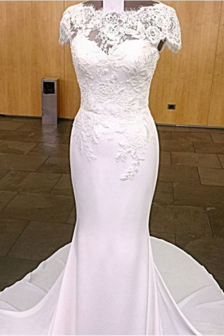 Modest Lace Cap Sleeves Long Jersey Mermaid Wedding Dresses For Women
