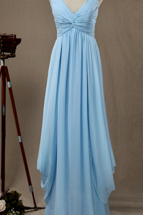 Light Blue V Neck Sleeveless Draped Bodice Long Party Dress , Bridesmaid Dress With Straps