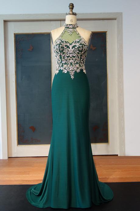 Sexy Transparent Green Halter Neck Mermaid Prom Dresses Long Luxury Beaded Crystals Sleeveless Evening Party Dresses