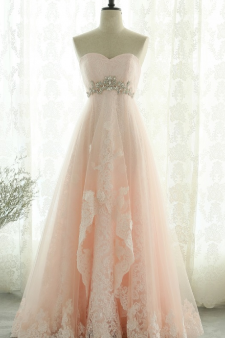 Pink Sweetheart Beading Lace Tulle Lace Up Open Back A-line Long Prom Dress, Prom Dresses