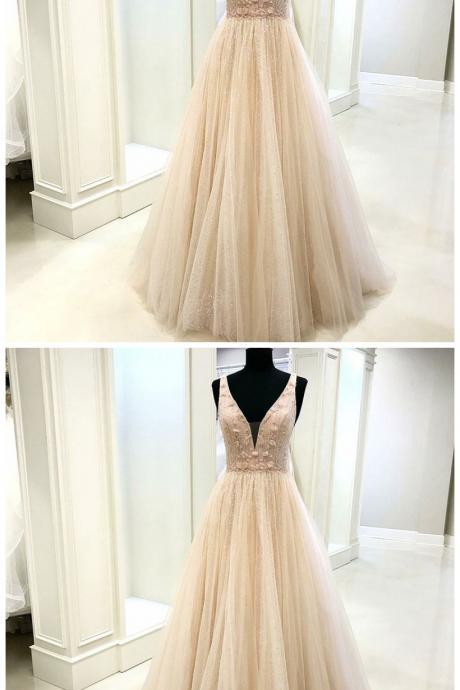 A-line V-neck Floor-length Light Champagne Tulle Prom Dress With Appliques