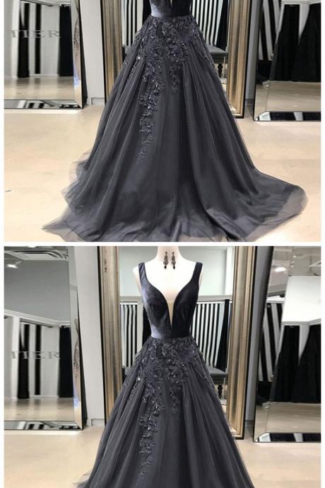 A-line V-neck Sweep Train Grey Tulle Prom Dress With Appliques