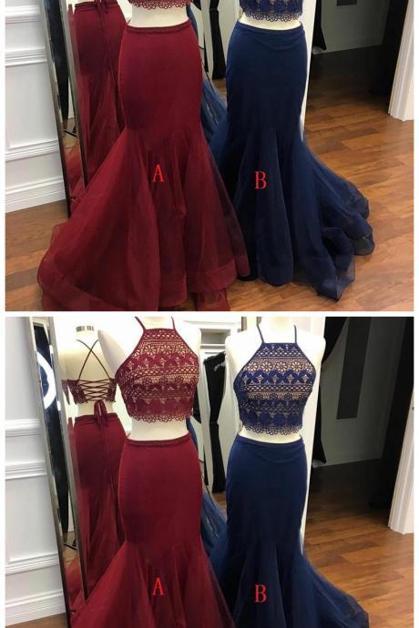 Two Piece Square Neck Sweep Train Burgundy Mermaid Prom Dress With Lace