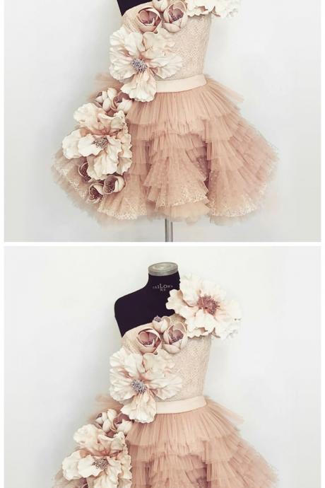 One Shoulder A-line Champagne Tiered Short Prom Dress With Flowers