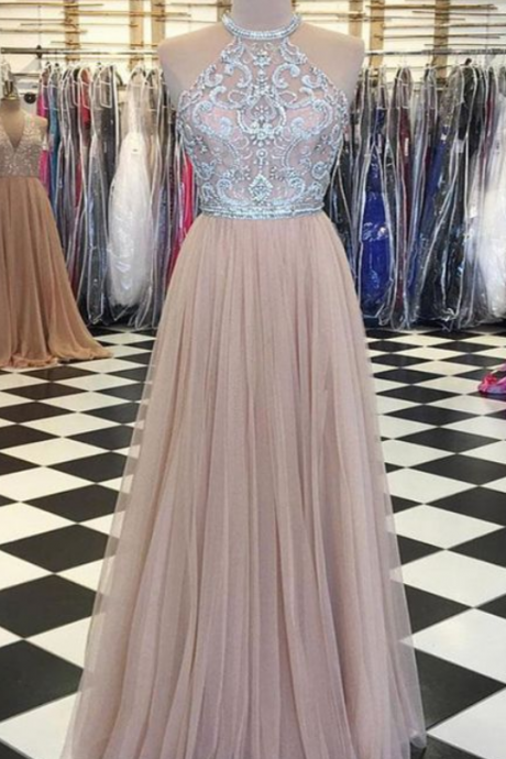 Stunning Champagne Tulle Strapless Floor Length Rhinestone Evening Dress, Long Spring A-line Cocktail Dress