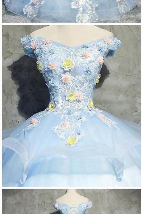 Blue Tulle Lace Applique Long Prom Gown, Blue Evening Dress