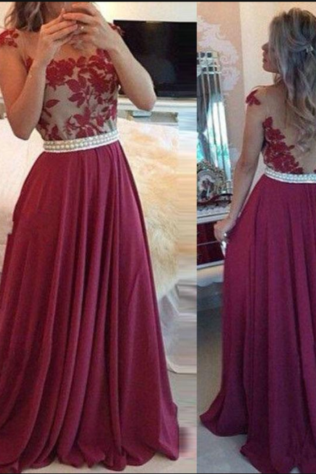 Fashion Lace Burgundy Prom Dresses Evening Pearls Appliqued Floor Length Long Sexy Bridesmaid Party Gowns Chiffon Custom Size