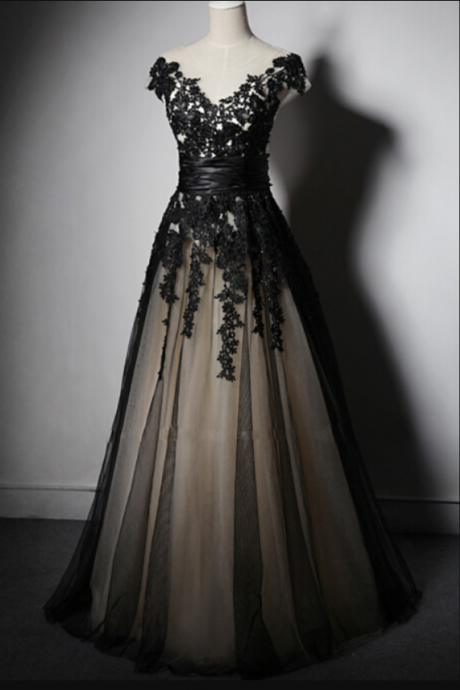 Beautiful Black Handmade Long Lace Applique Lace Up Black Prom Dresses , Black Party Dresses, Evening Dresses