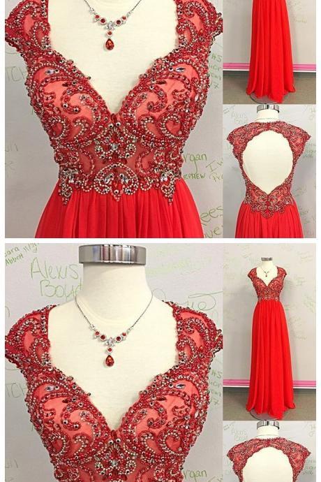 Beaded Long Red Prom Dress With Open Back