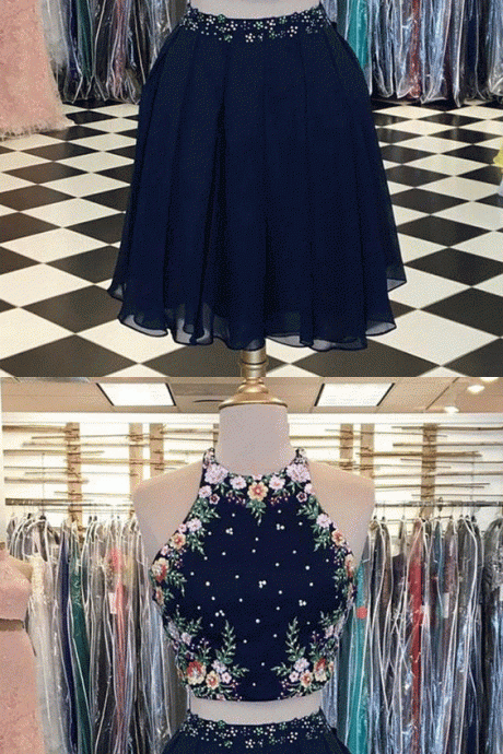 Two Piece Navy Blue Flower Embroidery Short Homecoming Dress