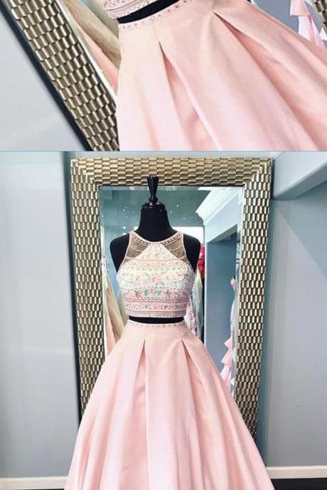 Two Piece Long Floral Lace Senior Prom Dress