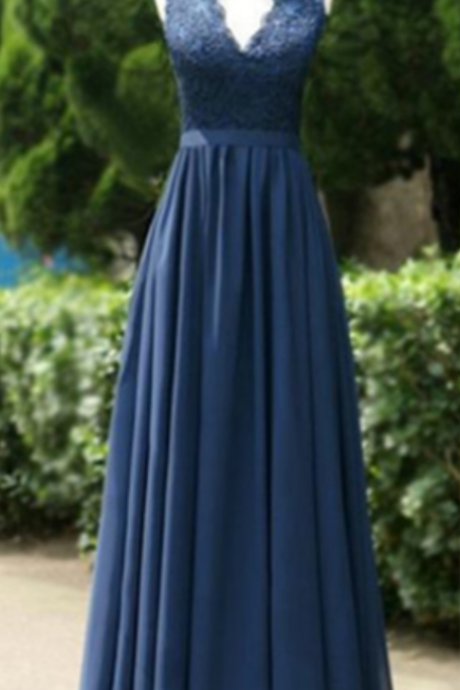 Blue Long A-line Backless Lace V-neck Chiffon Prom Dresses
