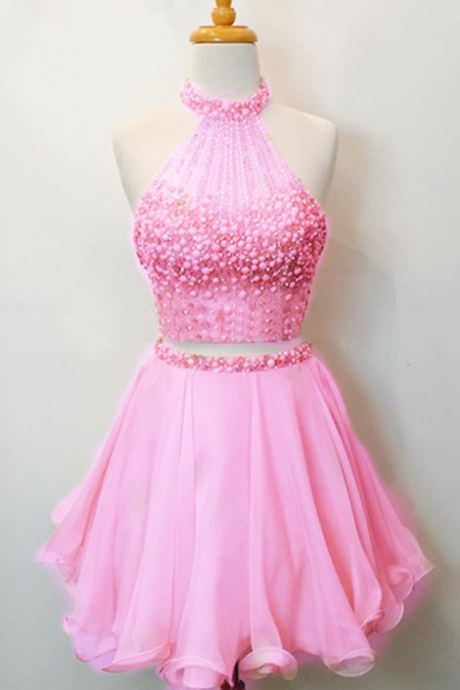 Two Piece Homecoming Dress,beaded Party Dress,pink Homecoming Gown,halter Neckline Sparkle Two Piece Prom Dress