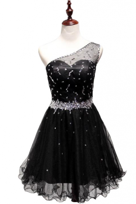 A Lines Black Homecoming Dresses Sheer Back Sleeveless Beaded One Shoulder Above Knee Homecoming Dress