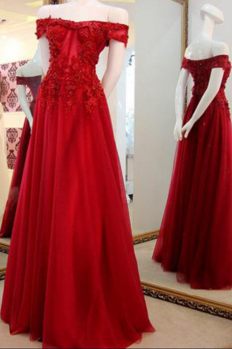 Off The Shoulder Prom Gown ,applique Lace Long Prom Dresses,tulle Party Dresses,dark Red Formal Dresses,prom Dresses