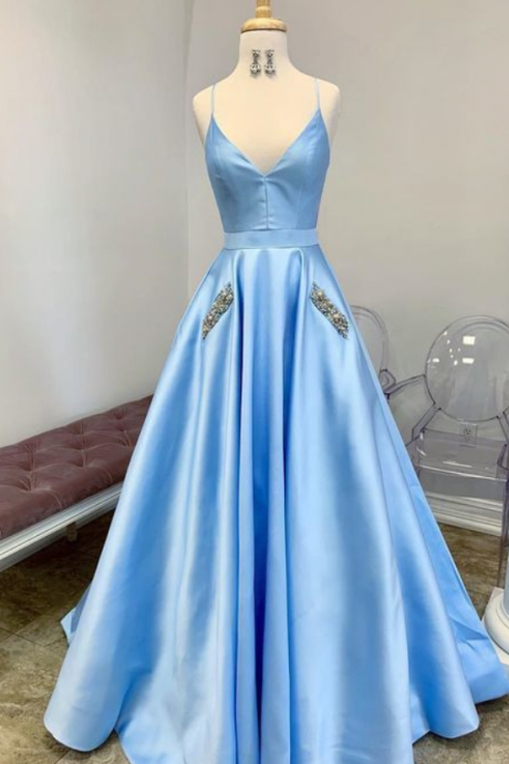 Light Sky Blue Cute Prom Dresses Spaghetti Straps Affordable Beaded Long Evening Gowns Formal Dress