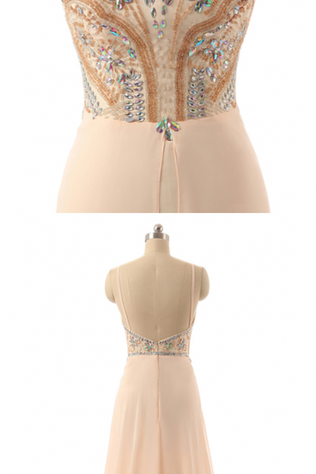 Custom Made Beige Halter Neckline Beaded Crystal Adorned Long Chiffon Evening Dress, Prom Dresses