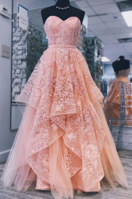 Glamorous Princess Pink Sweetheart Neck Tulle Lace Long Prom Dress, Pink Evening Dress