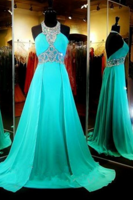 Turquoise Chiffon Prom Dresses Long A-line Evening Dresses Backless Formal Gowns Halter Party Dresses Graduation Dresses For Juniors