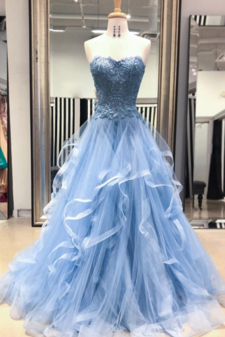 Blue Sweetheart Applique Lace Prom Dress,strapless Tulle Evening Gowns,fashion Formal Dress,graduation Dress