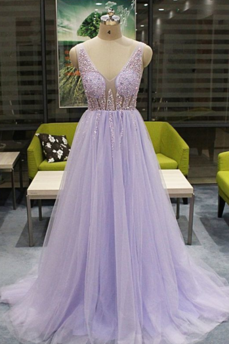 Lavender Tulle V Neck Long Beaded Open Back Evening Dress, Prom Dress
