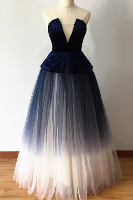 Ombre Blue Tulle Long Prom Dress, Style Strapless Long Evening Dress